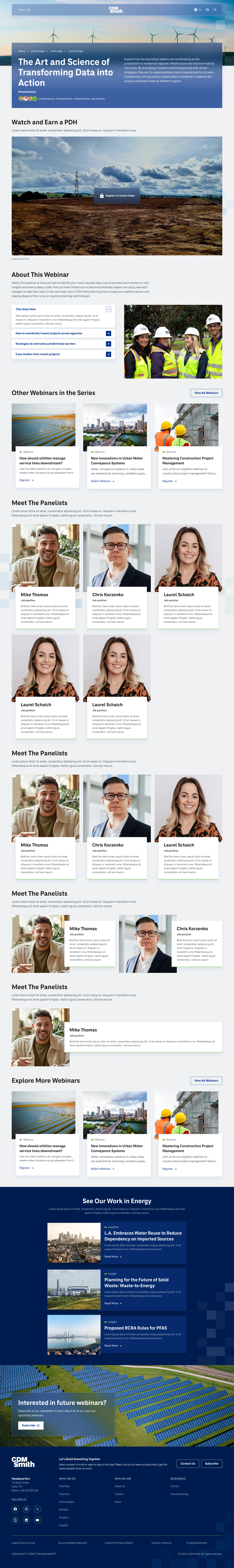 CDM Smith Webinar Detail page with video player, panelist grid, and related content